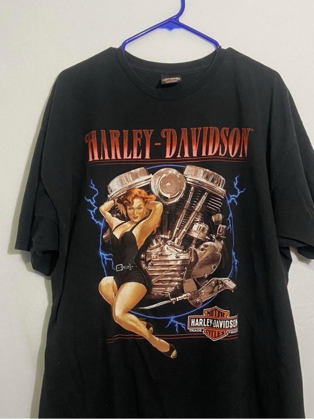 Harley-Davidson Black Tee with Red Logo and Blue Lightning